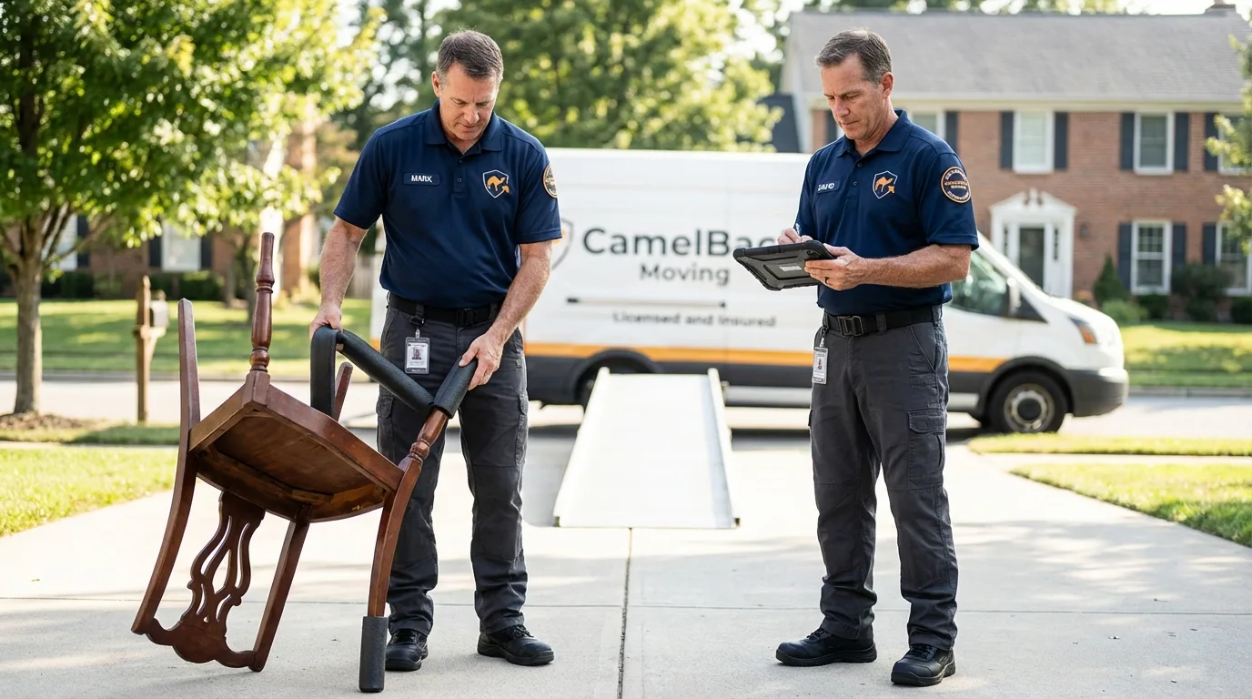 Movers inspecting furniture for damage prevention before loading in Mount Holly Springs, PA