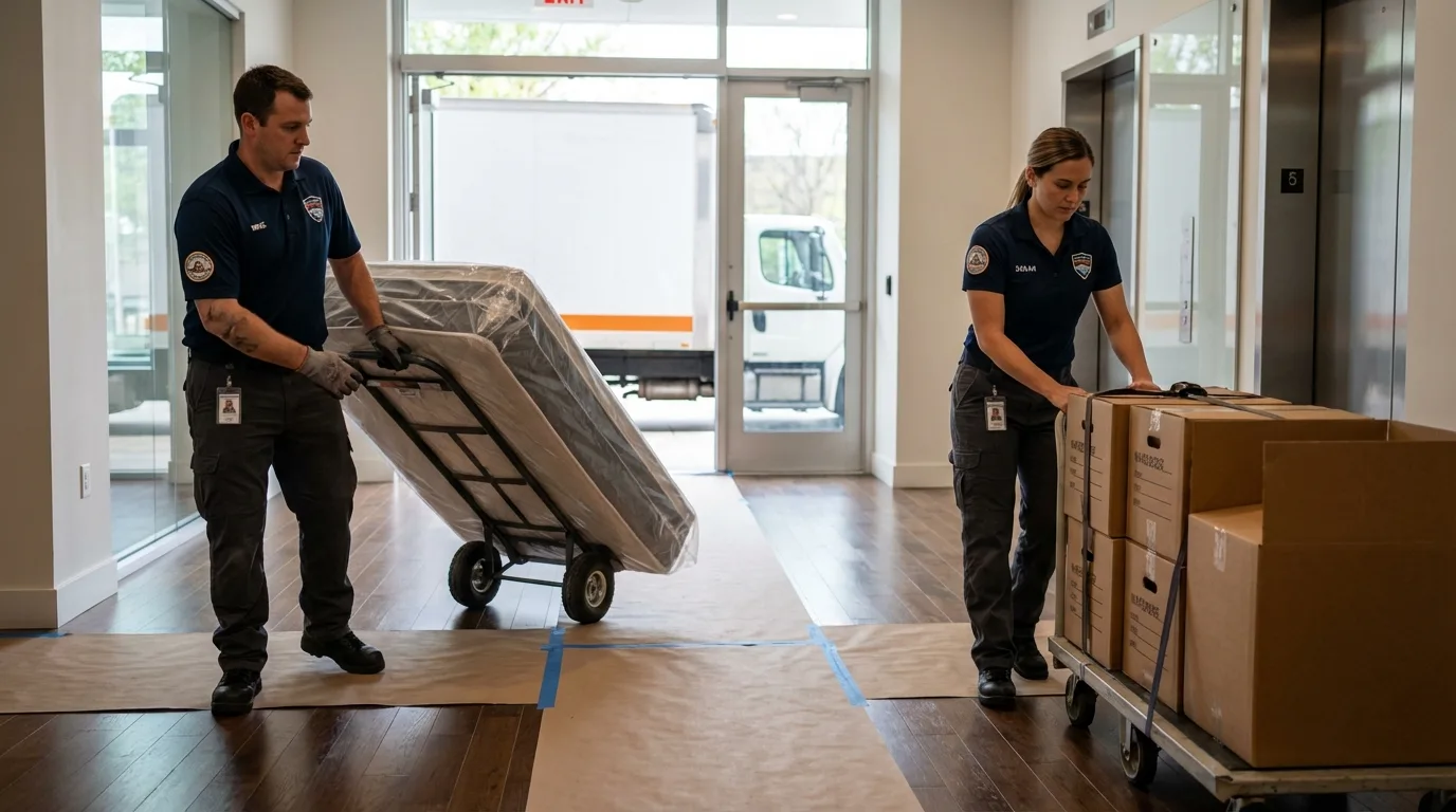 Professional apartment movers loading elevator in Mount Holly Springs, PA