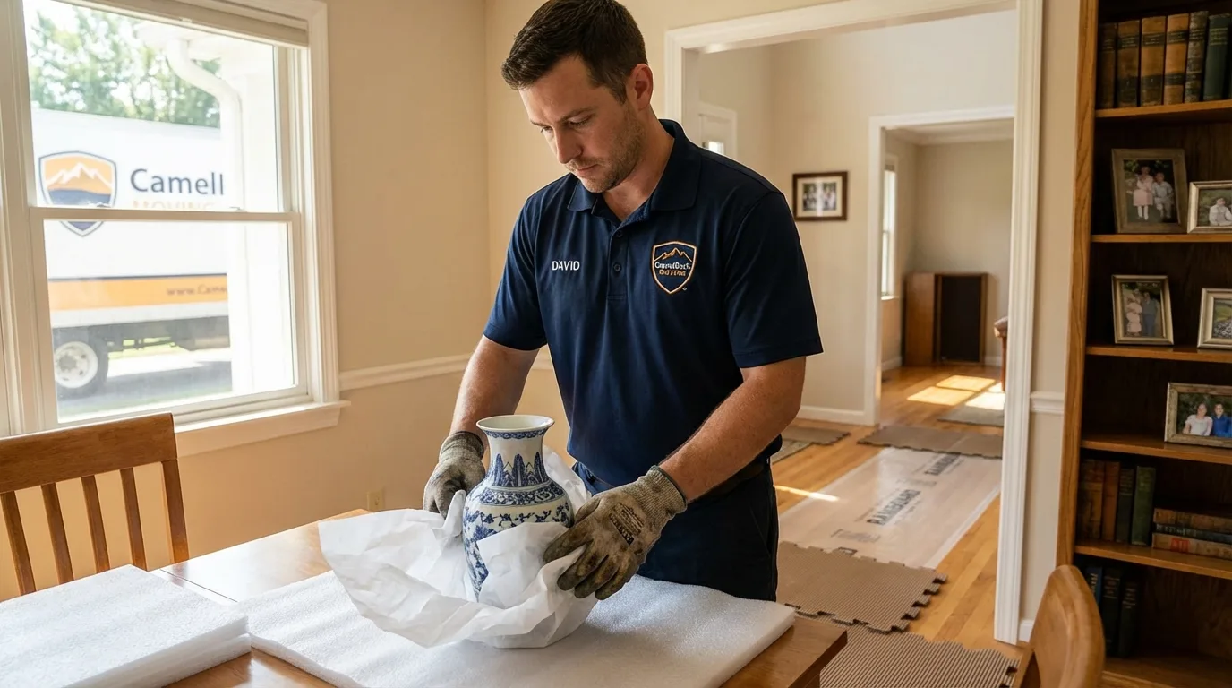 Professional crew carefully wrapping antique vase for senior downsizing move in Mount Holly Springs, PA